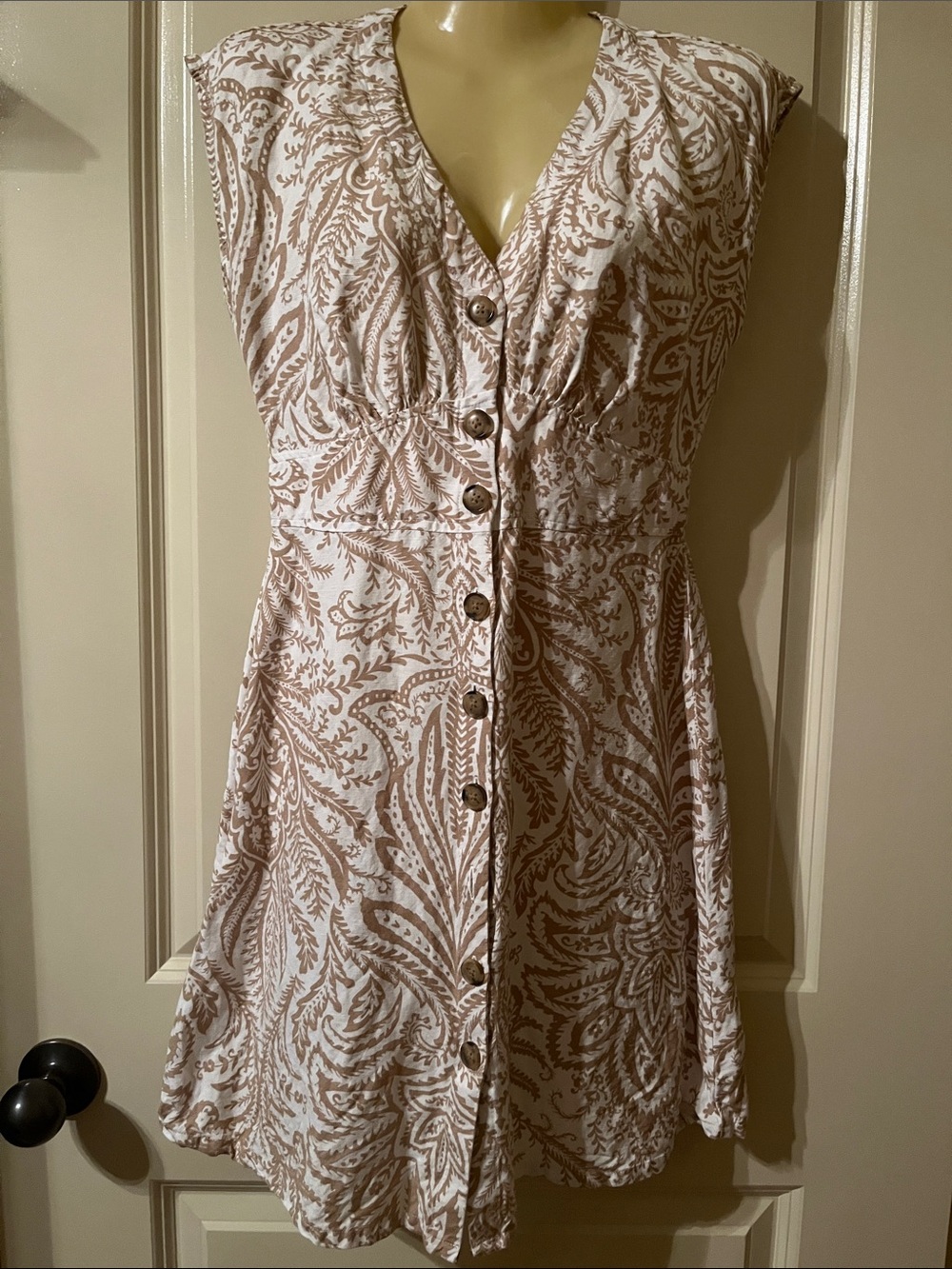 LOFT White and Taupe Paisley Button-Front Mini Dress, Size 00P
